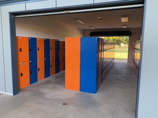 Orange and blue school lockers 